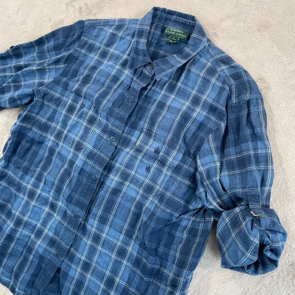 Lauren Ralph Lauren LRL Safari Shirt Women Large Blue Plaid 100% Linen Roll Tab‎ - Picture 4 of 9